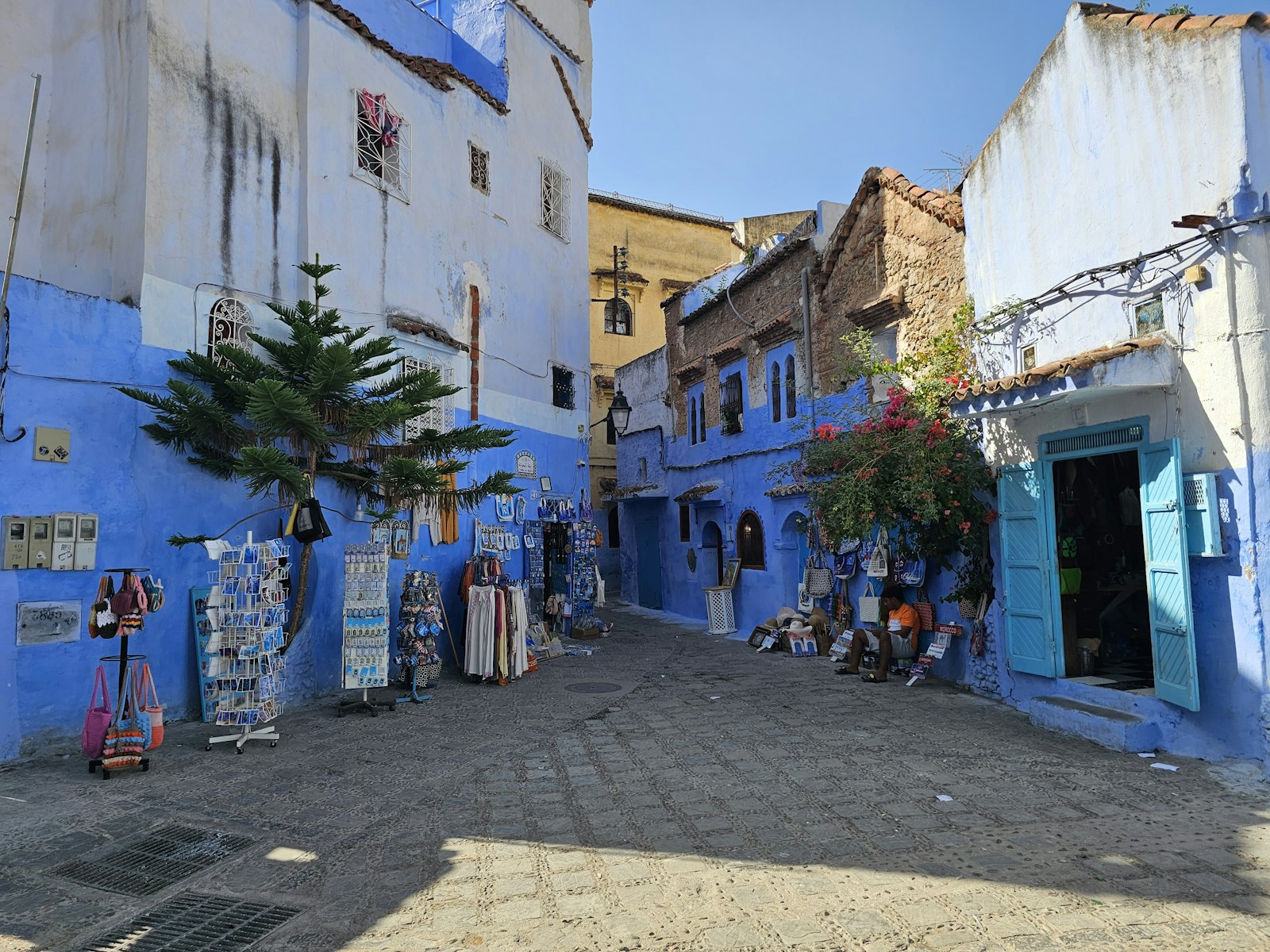 Blue buildings line a narrow street with shops.