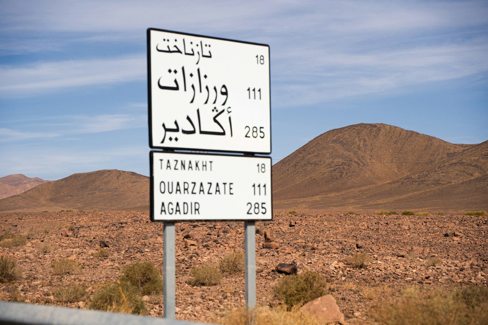 Road sign in a desert landscape with mountains