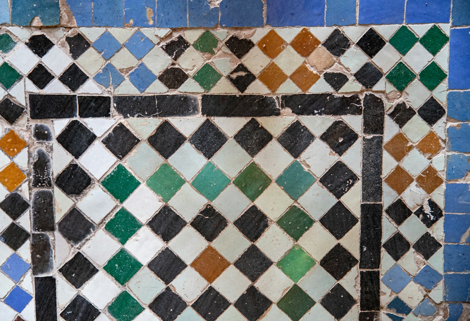 Close up of a mosaic tile pattern with diamonds.