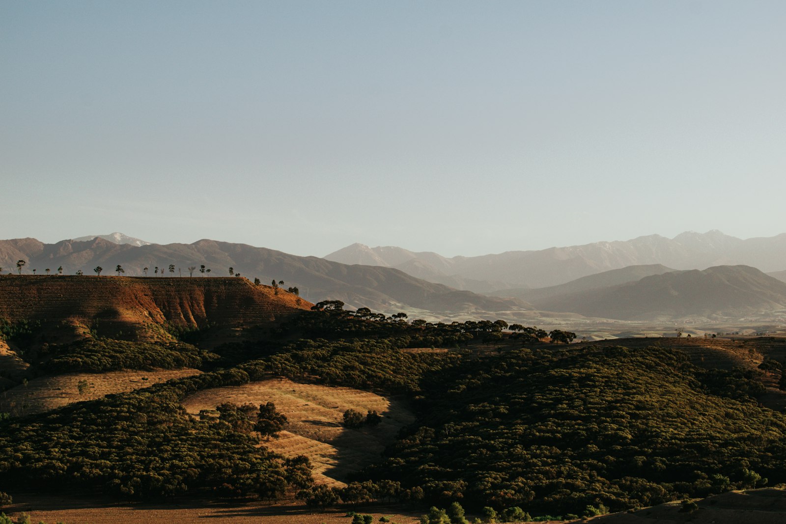 Rolling hills and mountains under a bright sky.
