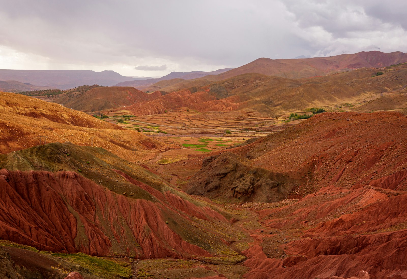 A view of a valley with a mountain in the background